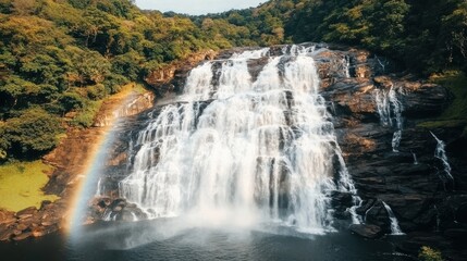 Fototapeta premium Majestic waterfall cascading down rocks with a vibrant rainbow above, surrounded by lush greenery.