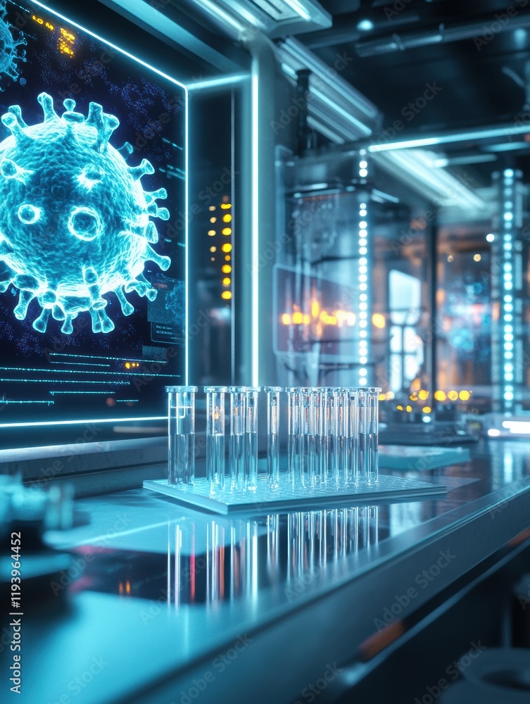 Poster modern laboratory featuring test tubes and glowing monitors displaying virus imagery during a resear