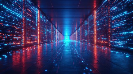 Fototapeta premium Neon Glowing Data Corridor: A Digital World's Enigma