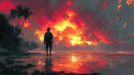 Fototapeta premium Man watching fiery sunset on tropical beach. Use Peaceful mood imagery