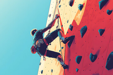 A climber ascends a colorful rock wall, showcasing athleticism and determination.