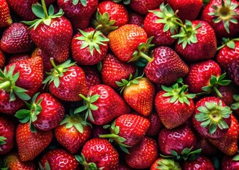 Top View Ripe Strawberries, Juicy Red Berries, Summer Fruit Texture, Food Photography Background, Copy Space