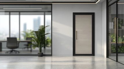 Fototapeta premium Blurred office interior background with a blurred door and glass wall, blurry bokeh light effect for a business concept design. High-quality photo, taken with a telephoto lens in realistic daylight.ai
