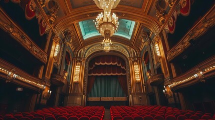 Obraz premium A grand theater interior featuring ornate architecture, a chandelier, and red seating facing the stage.