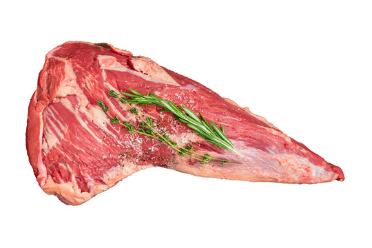Beef Tri-Tip Isolated on a Transparent Background: Bottom sirloin butt roast with sprigs of rosemary and thyme, kosher salt, and ground black pepper
