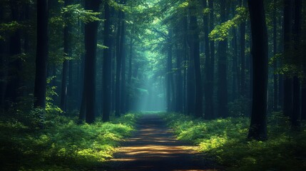 Obraz premium Misty forest path, sunlight filtering through trees, peaceful background, nature photography