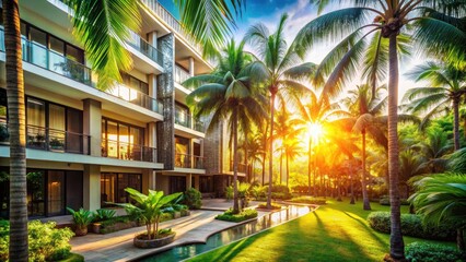 Fototapeta premium Modern Hotel Surrounded by Lush Palm Trees - A Tropical Oasis for Luxury Travel and Relaxation in Contemporary Architecture Amidst Scenic Nature and Vibrant Outdoor Spaces
