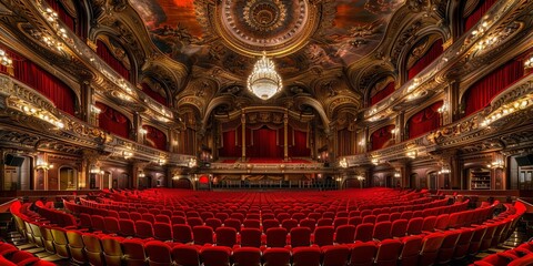 Obraz premium A grand theater interior showcasing ornate architecture and vibrant red seating.