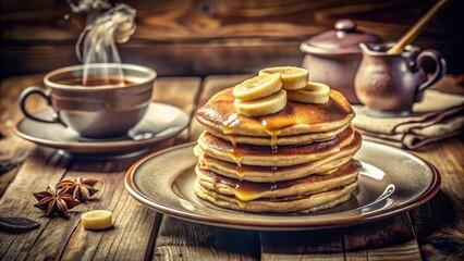 Vintage Pancakes Breakfast Coffee Banana Syrup Photo - Retro Food Still Life