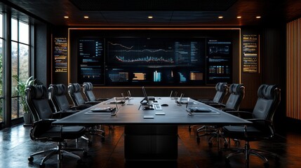 Modern conference room with large data screen, nighttime view, business meeting preparation