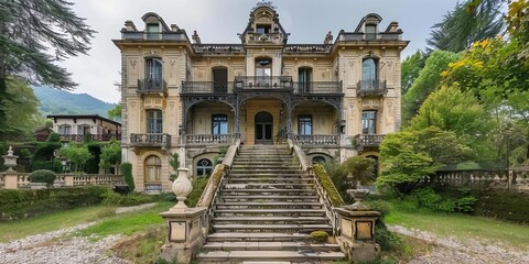 Obraz premium A grand, dilapidated mansion with a staircase leading to an entrance, surrounded by lush greenery.