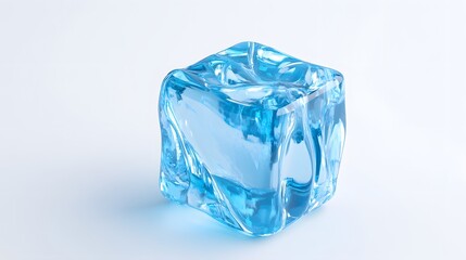 Obraz premium A single translucent blue ice cube rests on a white background