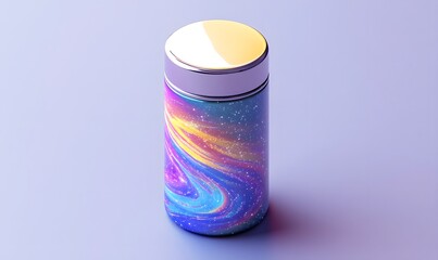 Colorful cylindrical container with metallic lid.