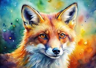 Obraz premium Watercolor Fox Portrait, Wild Animal Art, High Depth of Field, Elegant Fox Painting, Wildlife Painting