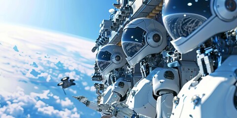 Fototapeta premium A group of futuristic robots in space, observing their surroundings with advanced technology.
