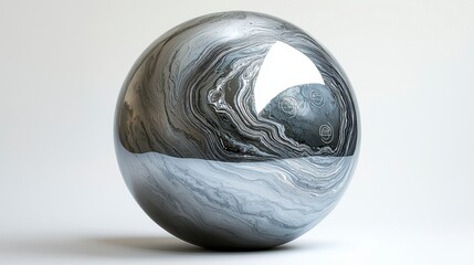 Polished chrome sphere with gray marble pattern, reflective surface.