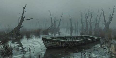 A haunting, misty landscape featuring a derelict boat amidst barren trees in a swampy environment.