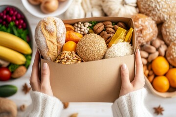 A volunteer holding a donation box filled with food items, standing in front of a community food bank