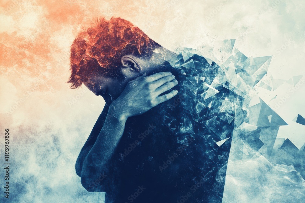 Aufkleber painful expression captured in abstract waves and geometric shapes surrounding a person holding thei