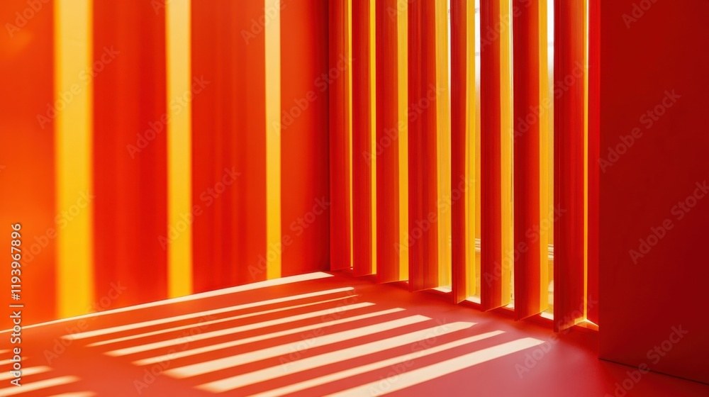 Poster red and orange interior with geometric shapes and play of light creating a warm and inviting atmosph