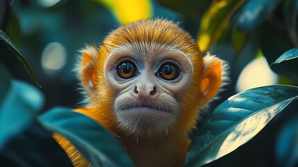 Fototapeta premium Close-up portrait of a cute golden monkey peeking from lush green foliage.