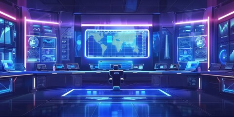 Obraz premium A high-tech control room featuring screens, maps, and futuristic interfaces for monitoring and analysis.