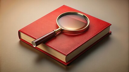 Red Book with Magnifying Glass: A Close-Up Portrait of Literary Details on a Plain Background