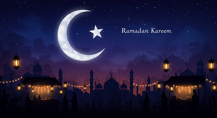 Naklejka premium Ramadan Kareem Night Scene Crescent Moon Mosques and Festive Market Stalls