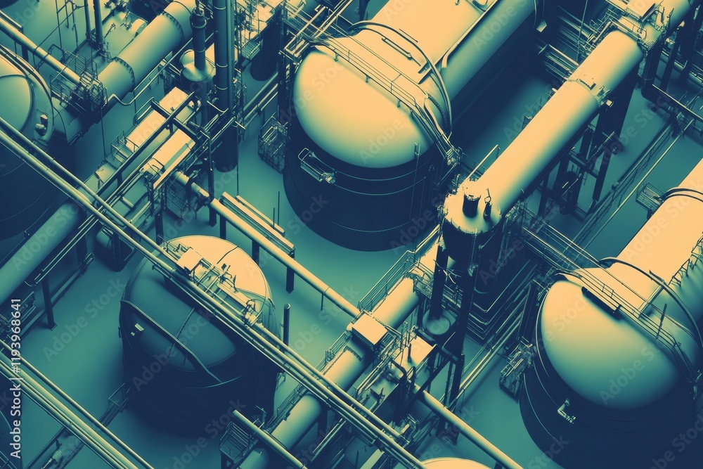 Poster geometric industrial pattern showcasing oil tanks, pipes and rigs in a complex network. generative a