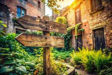 Rustic Wooden Directional Signpost in Urban Exploration Photography - Captivating Vintage Charm with Weathered Wood, Nature, and Urban Elements - Perfect for Adventurous Themes and Nature Lovers