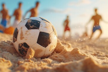 A vuvuzela lying in the sand during a beach soccer match, with players kicking the ball in the background