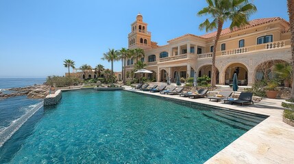 Oceanfront luxury villa, poolside relaxation, coastal landscape, summer vacation