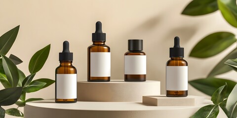 Natural Skincare Dropper Bottles on Stone Platform with Green Plants – Organic Beauty Product Mockup