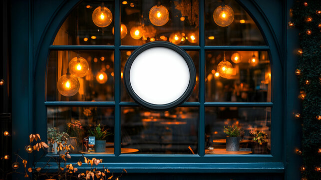 Blank sign, restaurant window, night, lights, mockup