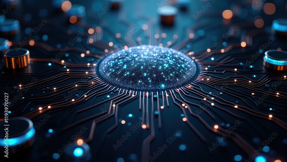 Poster Glowing Neural Network: Abstract Circuitry and Data Sphere
