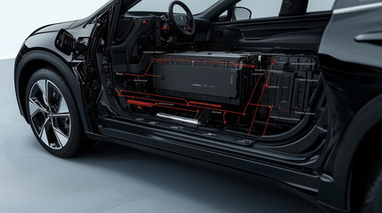 Fototapeta premium A technical cutaway rendering of an EV showing the placement of the lithium-ion battery pack beneath the floor
