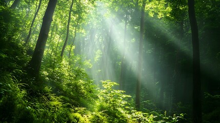 Obraz premium Sunbeams Illuminate Lush Green Forest Canopy