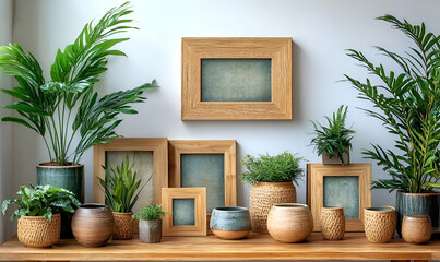Plants, frames, wood table, room decor, interior