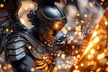 Vulcan crafting a golden chariot, his muscular figure illuminated by the glow of molten fire, with detailed Roman armor around him