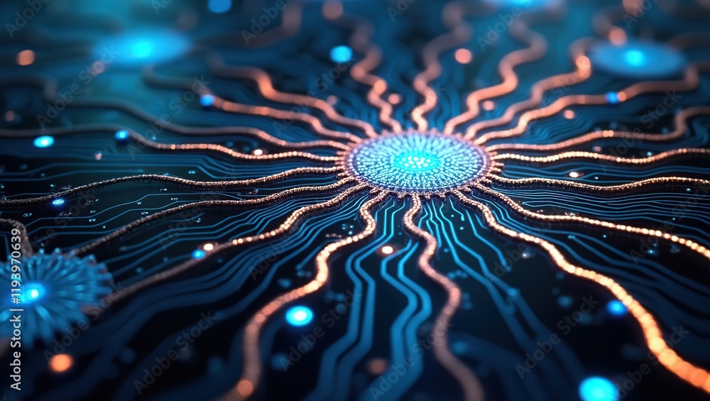 Poster abstract neural network: glowing circuits and nodes