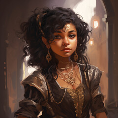 Portrait of a female gnome with a dark complexion in a city from a fantasy world.