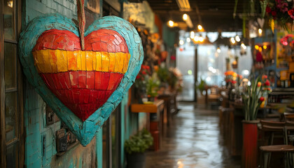 Naklejka premium Photo Colorful Mosaic Heart Wall Decor Cafe Interior