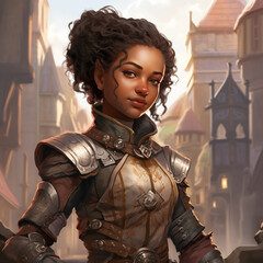 Portrait of a female gnome with a dark complexion in a city from a fantasy world.