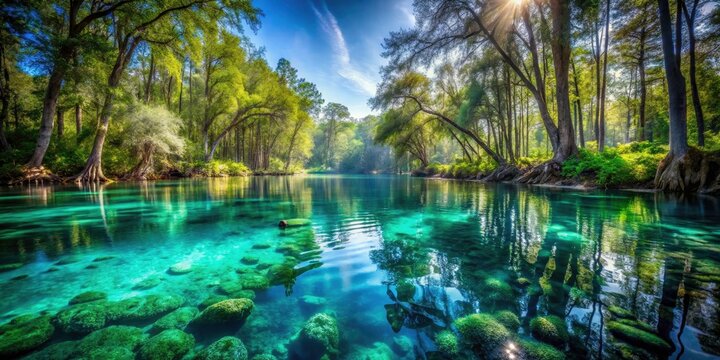 Stunning Bokeh View of Ginnie Springs Lagoon, Florida - Turquoise Crystal Clear Waters and Lush Surroundings for Nature Lovers and Outdoor Enthusiasts