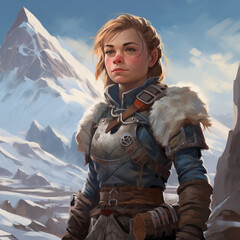 Portrait of a female gnome in a mountain from a fantasy world.