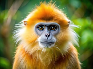 Obraz premium Stunning Golden Langur Monkey Portrait in Natural Habitat - Candid Photography of Rare Wildlife, Exotic Animals, Primate Close-up, and Nature Conservation