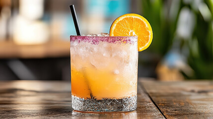 vibrant cocktail with colorful swirl and slice of orange