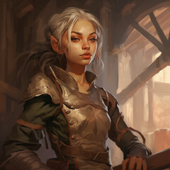 Portrait of a female gnome in a tavern from a fantasy world.