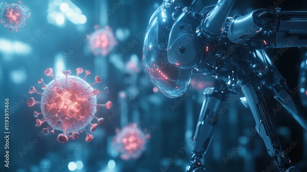 Fototapete robots actively neutralizing viruses in a futuristic laboratory setting during a scientific demonstr