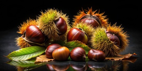 Stunning Long Exposure Chestnut Fruits in Photorealism on Black Background, Capturing Nature's Beauty and Texture in Detail for Culinary and Botanical Imagery